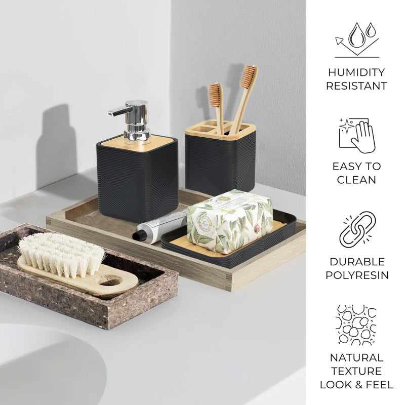 CERBIOR Bathroom Accessories Set 6 Piece Bamboo Bath Ensemble Includes Soap Dispenser  Toothbrush Holder  Toothbrush Cup  Soap Dish for Decorative Countertop and Housewarming Gift (Black) - Image 5